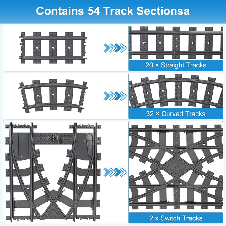 Bausteine Zug Schienen Set, 54 Stück City Eisenbahn Schienen for Train, Bestehend aus Cross Track Ge