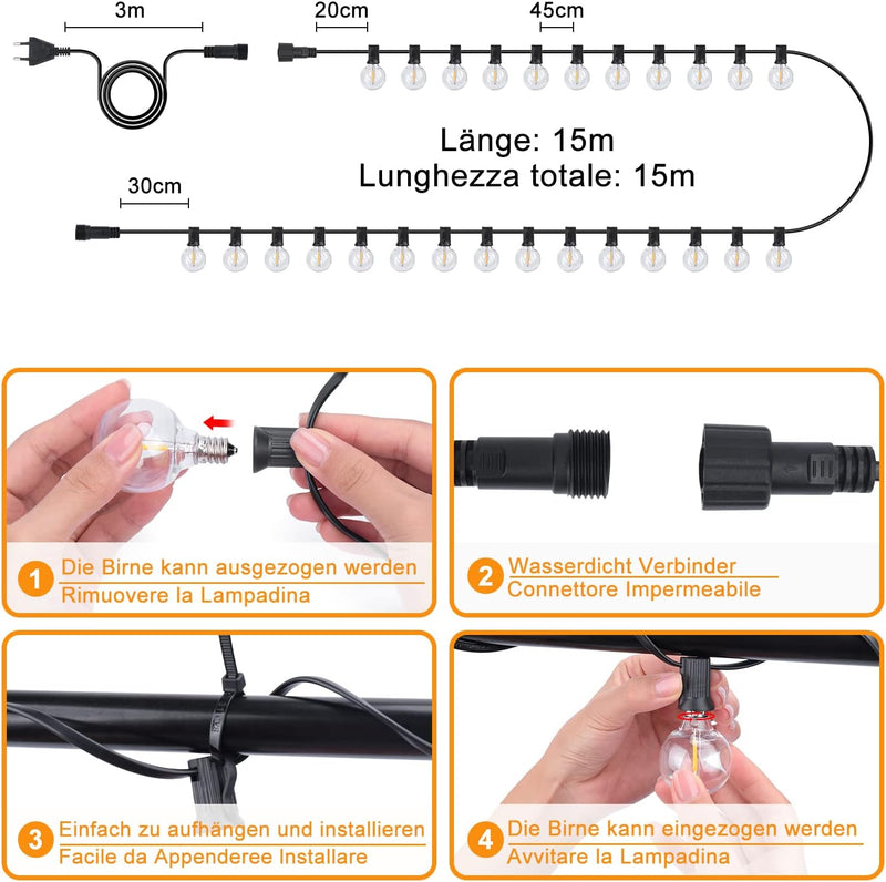 DSlebeen G40 LED Lichterkette Glühbirnen innen und aussen, 15M 27+3 Dimmbar Warmweiss Birnen Lampion