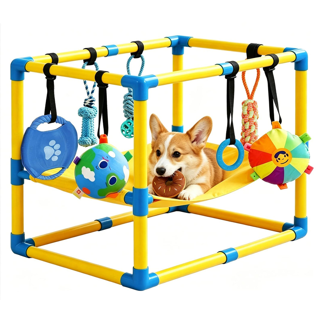 Welpen Spielgerüst, 60 × 45 × 40 cm, Welpenspielhalle mit Hängematte &amp; 8 Hängespielzeugen, Verstellb