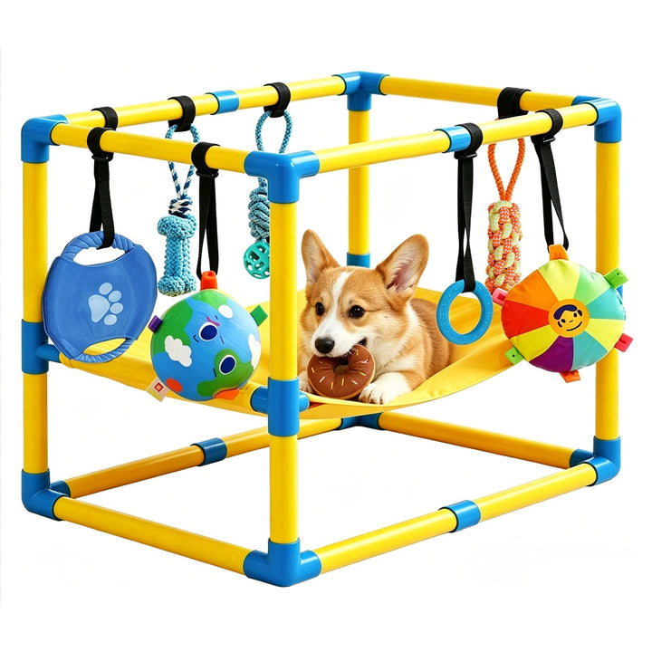 Welpen Spielgerüst, 60 × 45 × 40 cm, Welpenspielhalle mit Hängematte &amp; 8 Hängespielzeugen, Verstellb