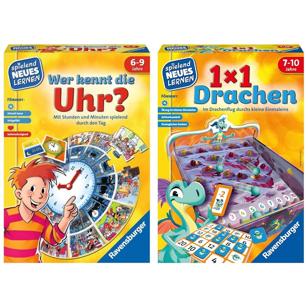 Ravensburger 24995 - Wer kennt die Uhr? & 24976-1x1 Drachen - Lernspiel für Kinder, Rechenspiel für
