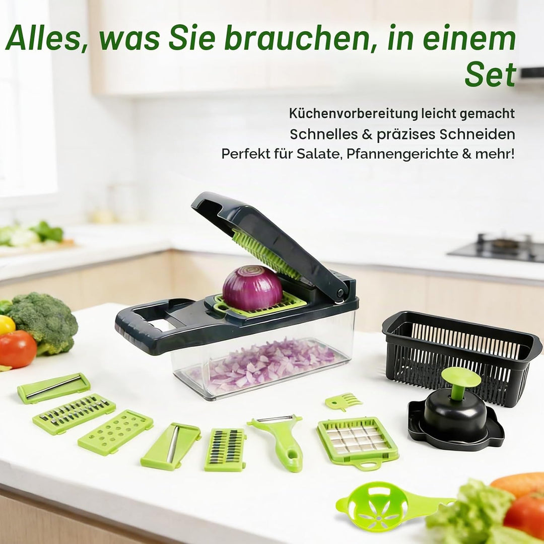 16-in-1 Gemüseschneider & MandoIine – Multifunktionaler Gemüsehobel mit Auffangbehälter, Abtropfkorb