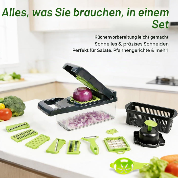 16-in-1 Gemüseschneider & MandoIine – Multifunktionaler Gemüsehobel mit Auffangbehälter, Abtropfkorb
