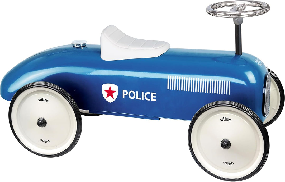 Vilac - Vintage Polizei Autoträger – Spielzeug aus Metall – leise Räder – Lenkrad – Dekoration – Bla