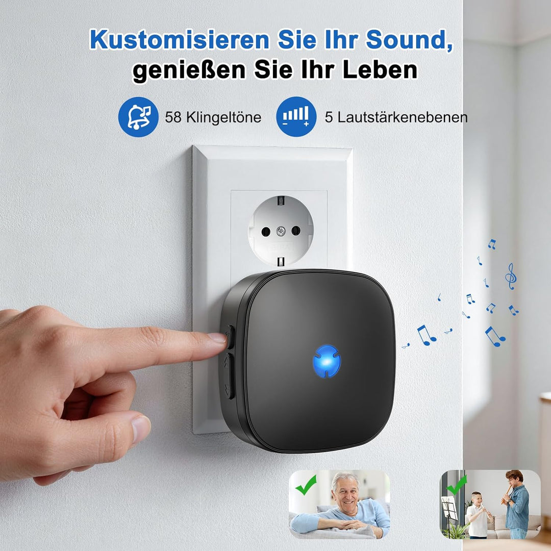 Funkklingel 58 Melodien auf 5 Stufen Volumes mit LED Anzeige（ 2 Empfänger und 2 Sender） Schwarza12,