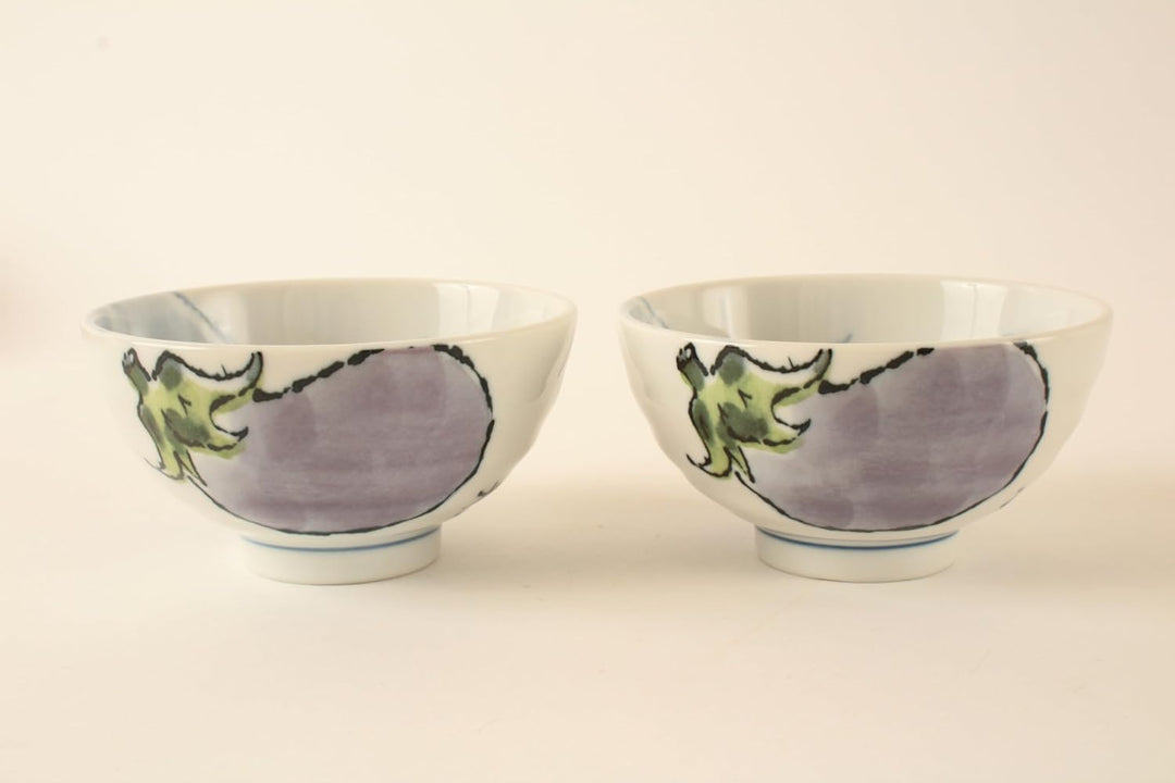Mino ware Eierpflanze, japanische Keramik, Reisschalen, Gemüsemuster, hergestellt in Japan, 2 Stück