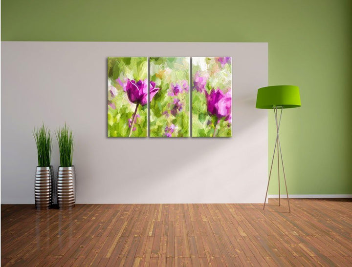 Pixxprint Blumen im Sonnenschein Kunst als Leinwandbild/Grösse: 3 Teilig (120x80 cm) cm/Wandbild/Kun