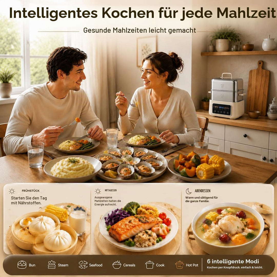 Fulgutonit 304 Edelstahl Elektrischer Dampfgarer 12.5L | 2 Ebenen, 6 Smart-Programme,24h Timer, Damp