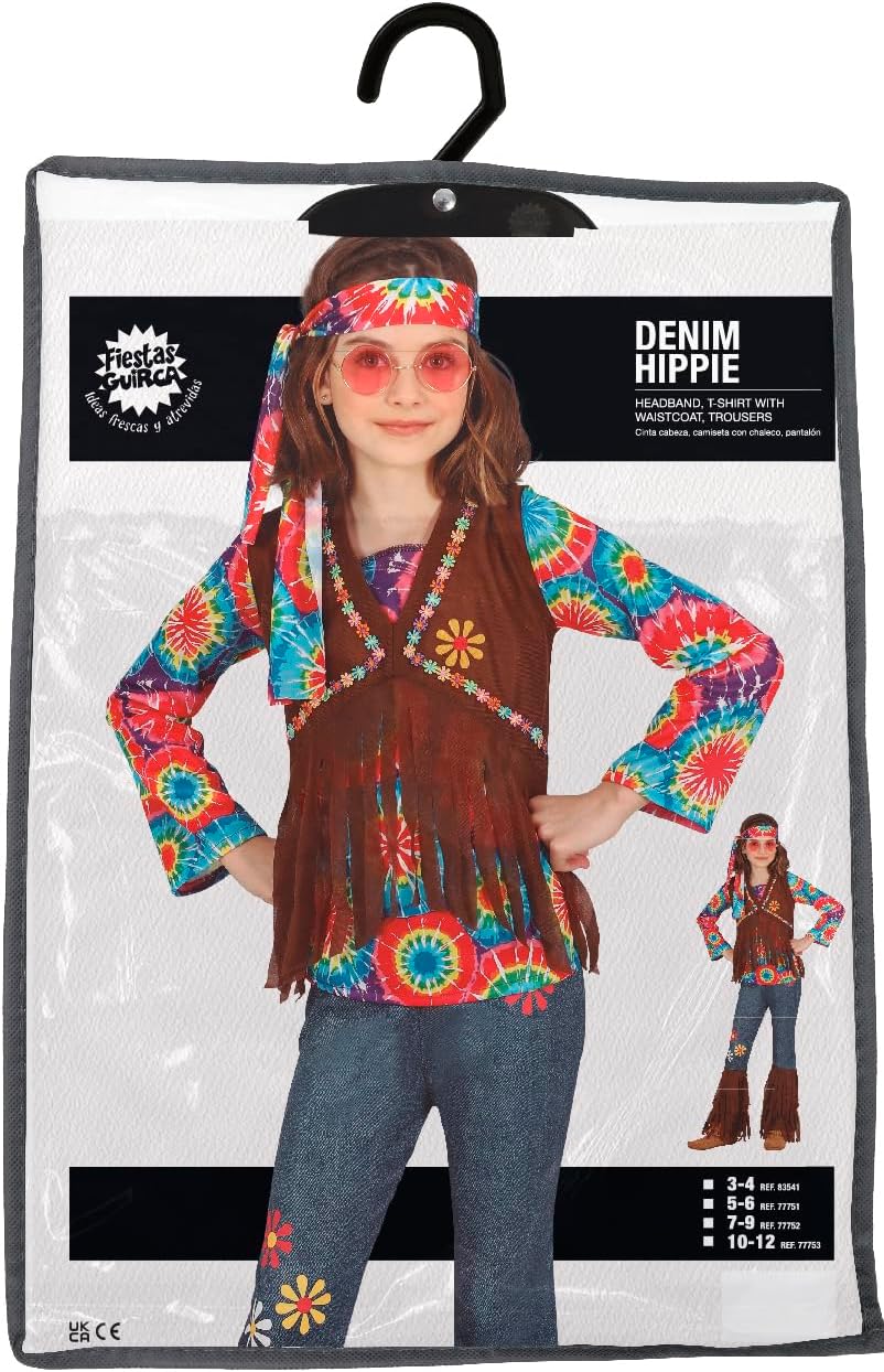 FIESTAS GUIRCA Happy Hippie Mädchen Kostüm – 70er Jahre Outfit mit Hippie–Stirnband, buntem Batik Ob