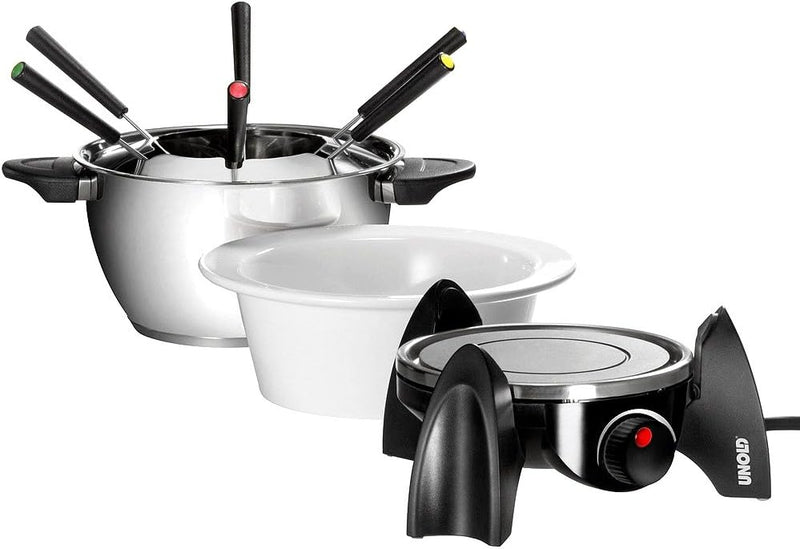 UNOLD Fondue-SET, Wechseltopf (Edelstahl/Keramik), Zubehör, für 6 Personen, 48615, Schwarz, Silber