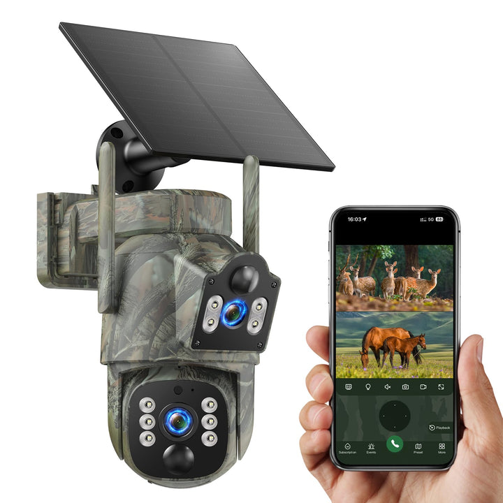 VOOPEAK 4G LTE Wildkamera mit SIM Karte, Dual-Objektiv Wildtierkamera mit 360° Live-Übertragung, 2K