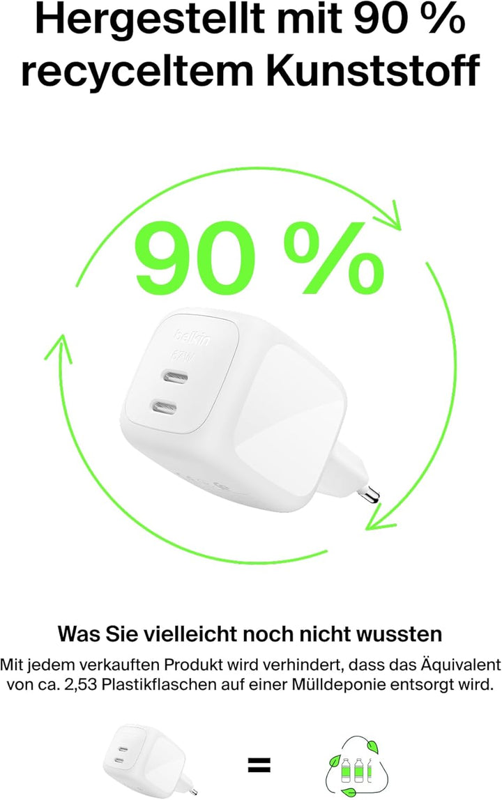 Belkin SmartProtect 2-Port USB C Ladegerät, 67W, GaN-Ladegerät, 2X USB-C, Schnellladen für Geräte wi