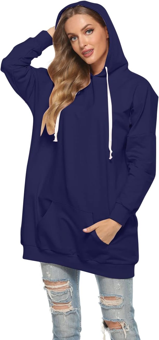 Famulily Damen Oversized Hoodie Kleid Baumwolle Lang Sweatshirt mit Kapuze Einfarbige Kapuzenpullove