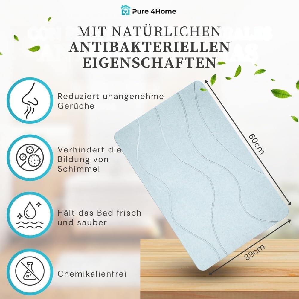 PURE 4HOME Badematte Kieselgur 60 x 40 cm – Saugstark & Schnelltrocknend, Rutschfest – Diatomit Stei