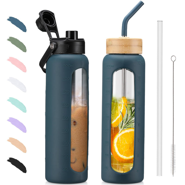 BLUEGO 900ml Glaswasserflasche mit Strohhalm und 2 Deckeln Kaffeetasse aus Glas mit Zeitmarkierung u