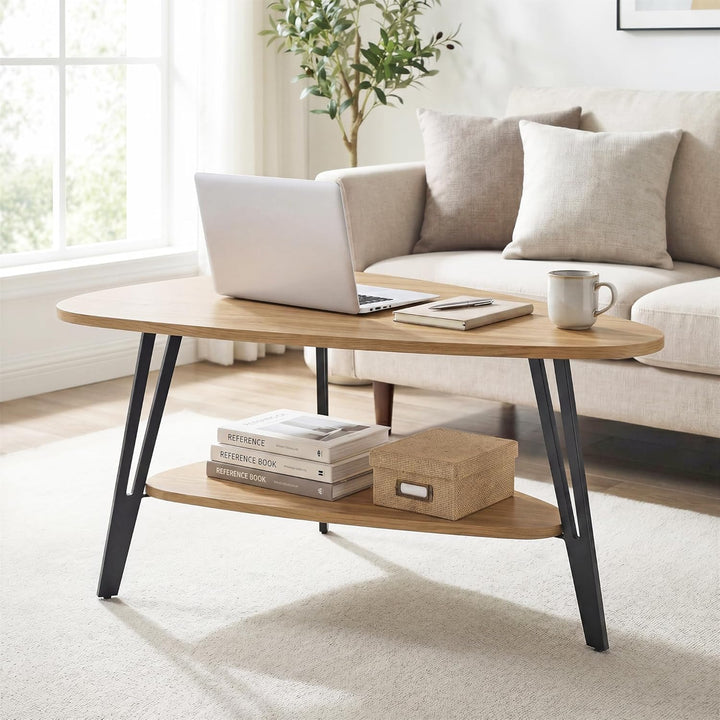 Manora Couchtisch oval Holz mit Ablagefach & Metallbeinen - Moderner Wohnzimmertisch Kaffeetisch Sof