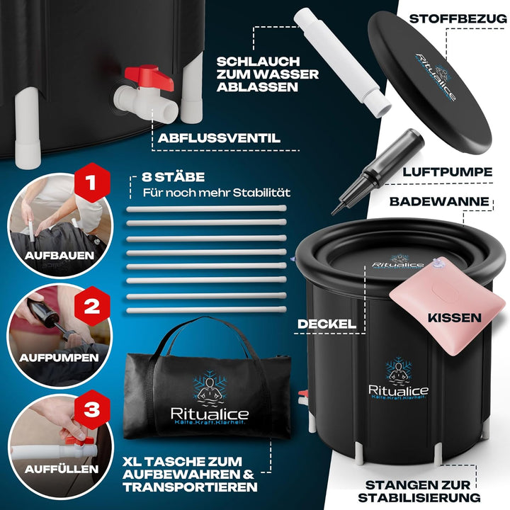 Ritualice® Eisbad (80 cm Ø) XL Komplettset - TESTSIEGER - Eistonne Set mit Deckel, Stoffbezug und XL