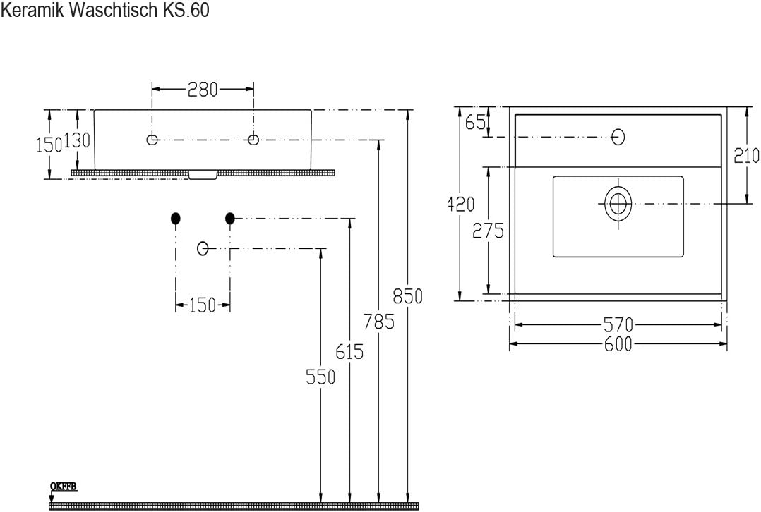 Aqua Bagno | Eckiges Design Handwaschbecken, hochwertige Keramik, modern & stilvoll durch dünnen Ran