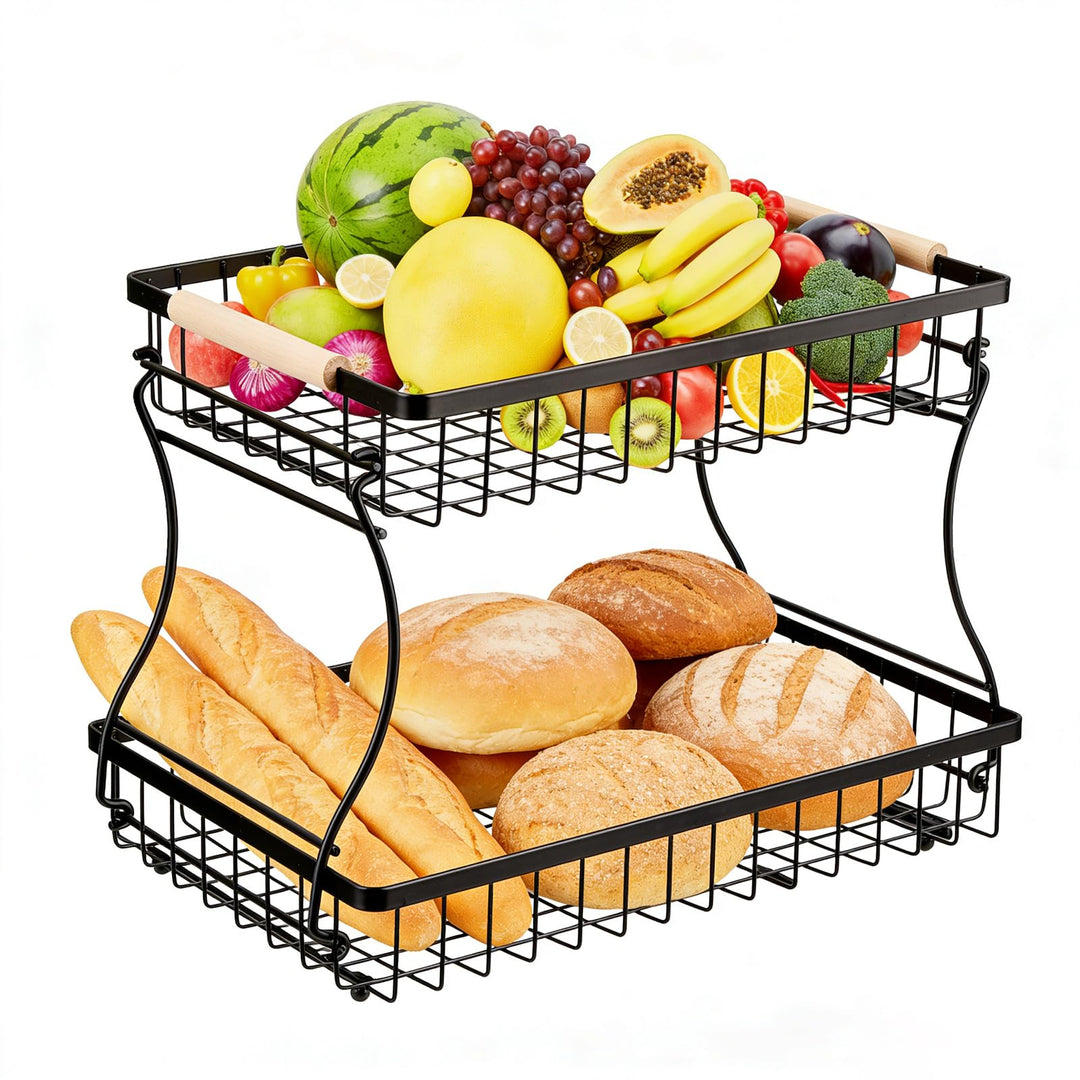 VINATO Obstkorb, Obst Etagere 2 Stöckig mit Holzgriffen für Küche, Bad & Mehr – Obstständer, Gemüse