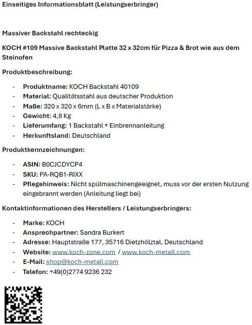 KOCH #109 Massiver Backstahl 32 x 32cm perfekte Pizza & Brot wie aus dem Steinofen - Burger + Steaks