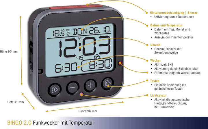 TFA Dostmann Bingo 2.0 digitaler Funk-Wecker mit Temperaturanzeige, Kunststoff, schwarz, (L) 95 x (B