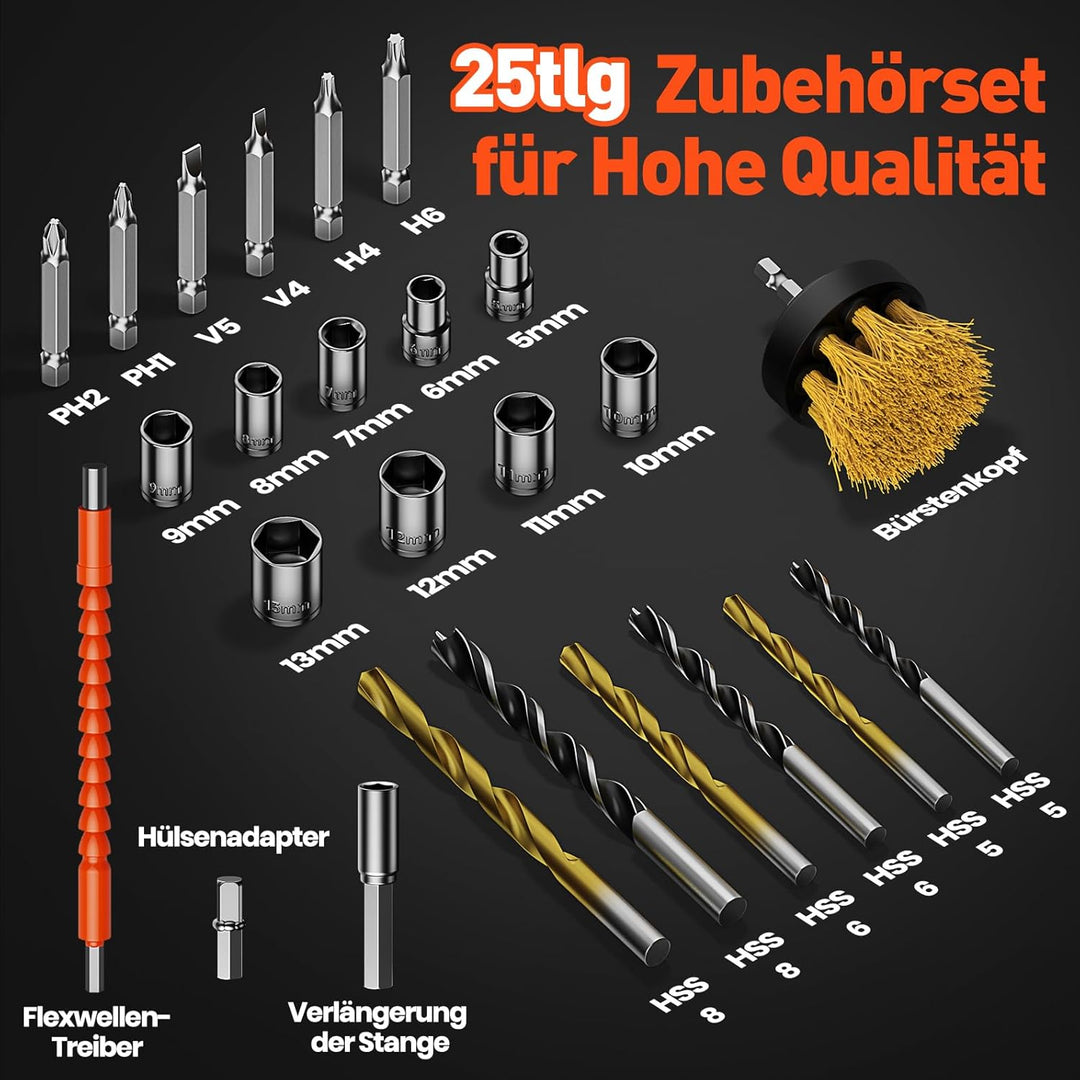 Akkuschrauber 20V, Akku Bohrschrauber Set, Akkubohrer mit 2000mAh Akkus und 25 Stück Zubehör, 42Nm D