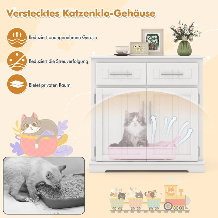 COSTWAY Katzenschrank für Katzentoilette, Katzenklo Schrank mit 2 Schubladen, 2 Türen & Eingang, Kat
