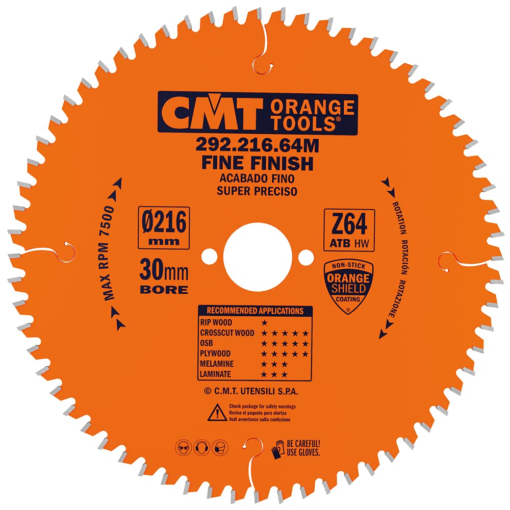CMT Orange Tools Kreissägeblatt Feinschnitt HW 216 x 2,8 / 1,8 x 30 Z=64 15° ATB - 292.216.64M - für