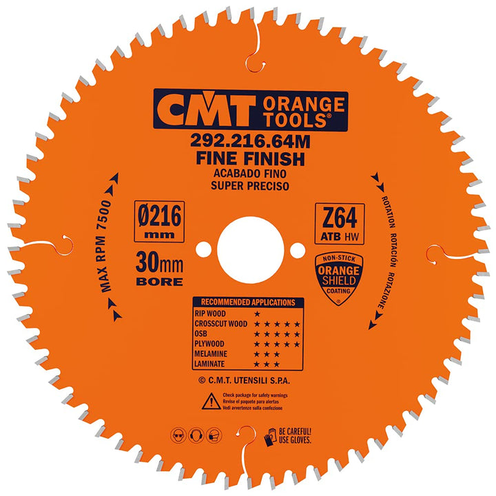 CMT Orange Tools Kreissägeblatt Feinschnitt HW 216 x 2,8 / 1,8 x 30 Z=64 15° ATB - 292.216.64M - für