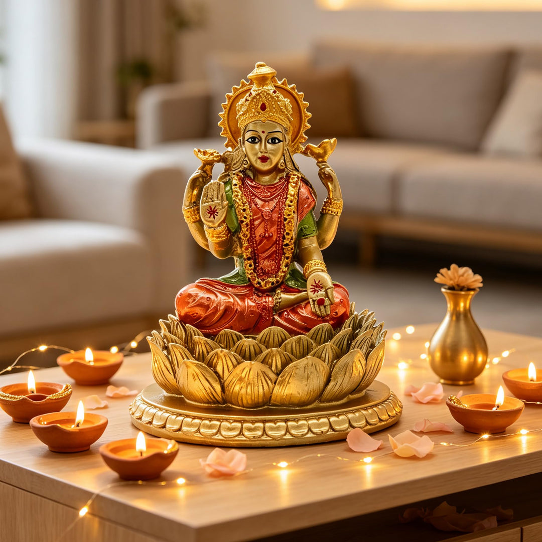 Hindu-Göttin Laxmi Lotus-Skulptur - Indischer Gott Lord Lakshmi Puja Statue - Indien Murti Idol Figu