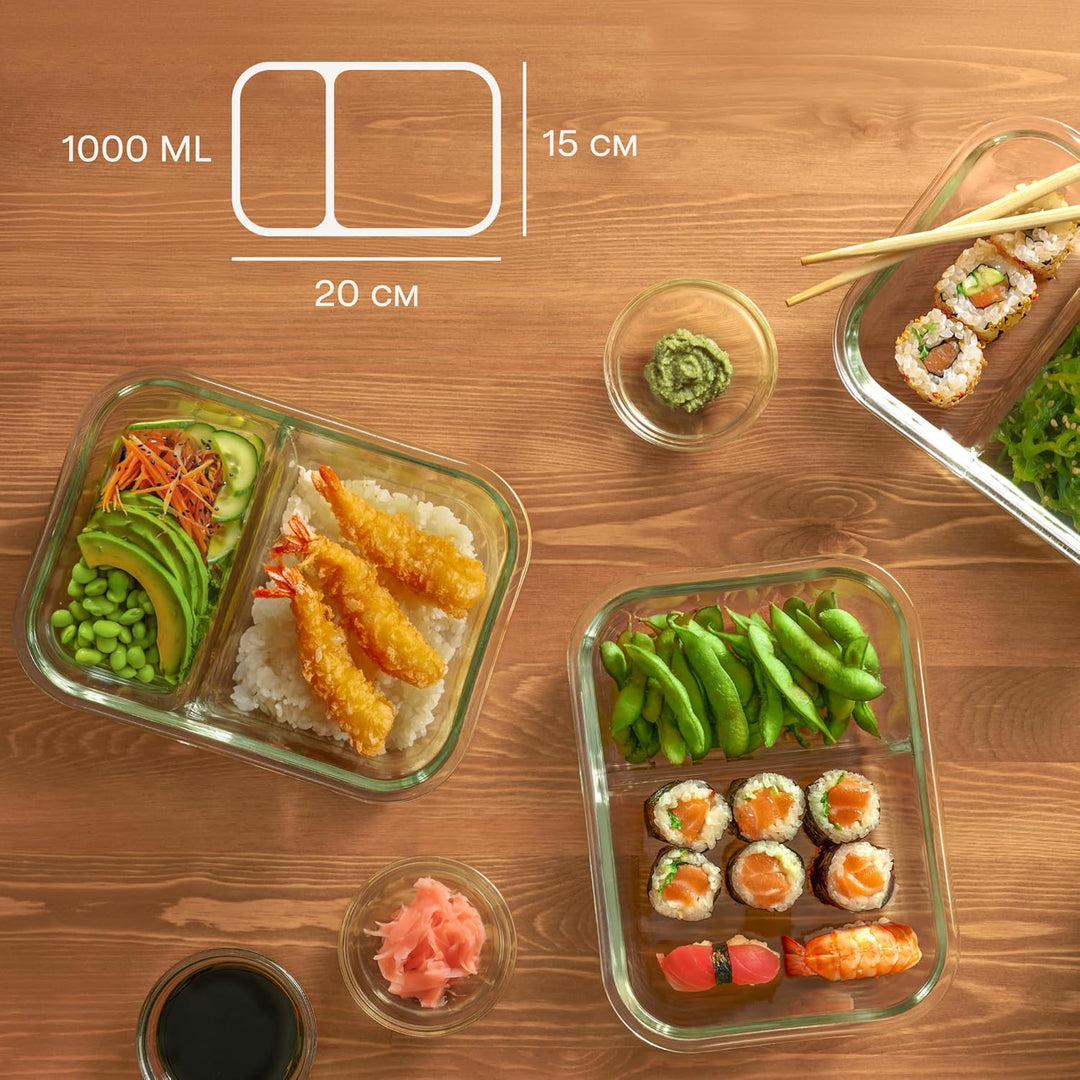 Praknu Meal Prep Boxen Glas 2 Fächer - 2er Set Glass Meal Prep Containers 1l - Luftdicht - Geeignet