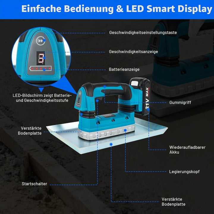 150W Akku-Rüttelplatte Klein, Rüttelplatte Elektrisch, 0-9000 U/min, 6-Stufig Einstellbarer Handstam