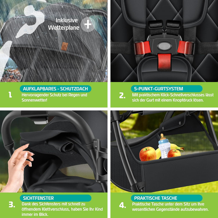 KIDIZ® Kinderwagen Premium Kinderbuggy klappbar Liegebuggy Sportwagen Faltbar 360°Räder 5-Punkt Gurt