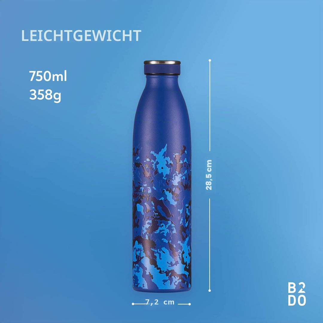 B2DO Trinkflasche Edelstahl 750ml Marineblau | Wiederverwendbare Vakuum Metall Thermoskanne Wasserfl