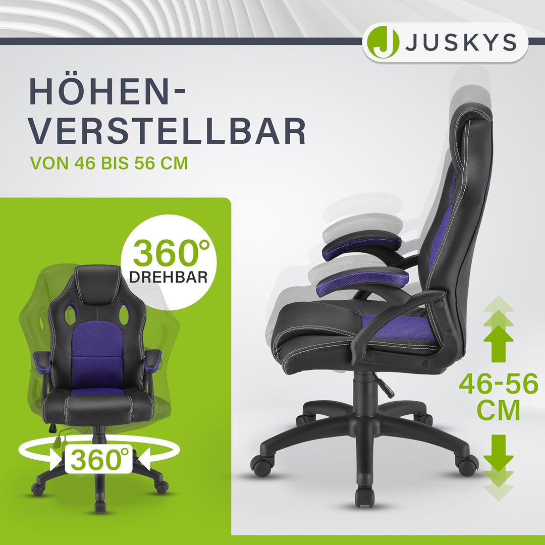Juskys Racing Schreibtischstuhl Montreal violett | Armlehnen gepolstert & ergonomische Rückenlehne |