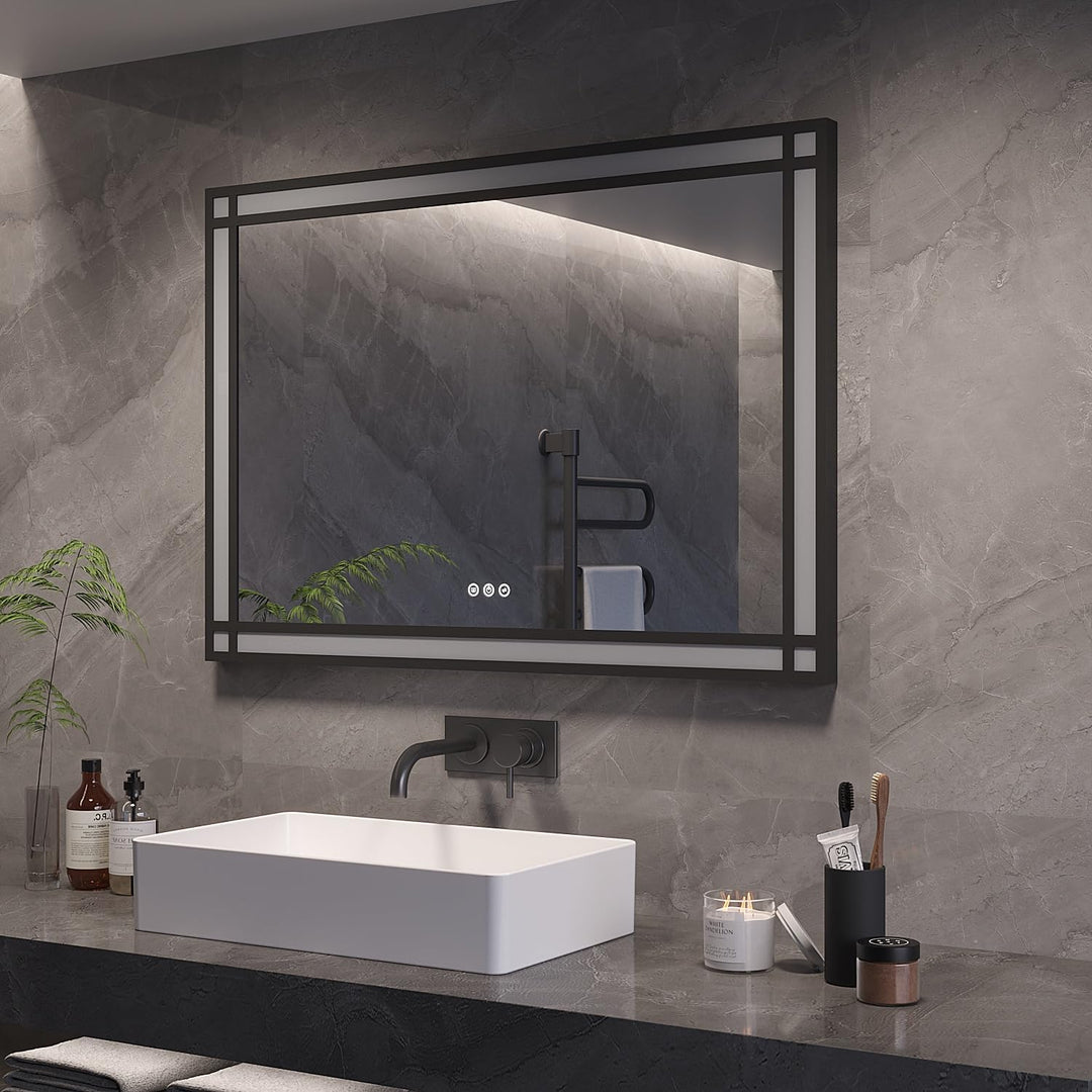 AQUABATOS Badspiegel mit Beleuchtung Schwarzer Rahmen Fensteroptik 100x70cm, Badezimmerspiegel Beleu