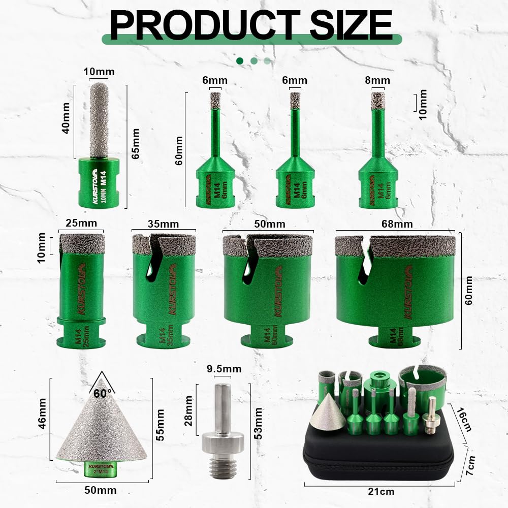Diamant-Bohrkrone Kit - Diamantbohrer 6/6/8/25/35/50/68mm+50mm Fasen Bit+10mm Fingerfräser+Dreikant-
