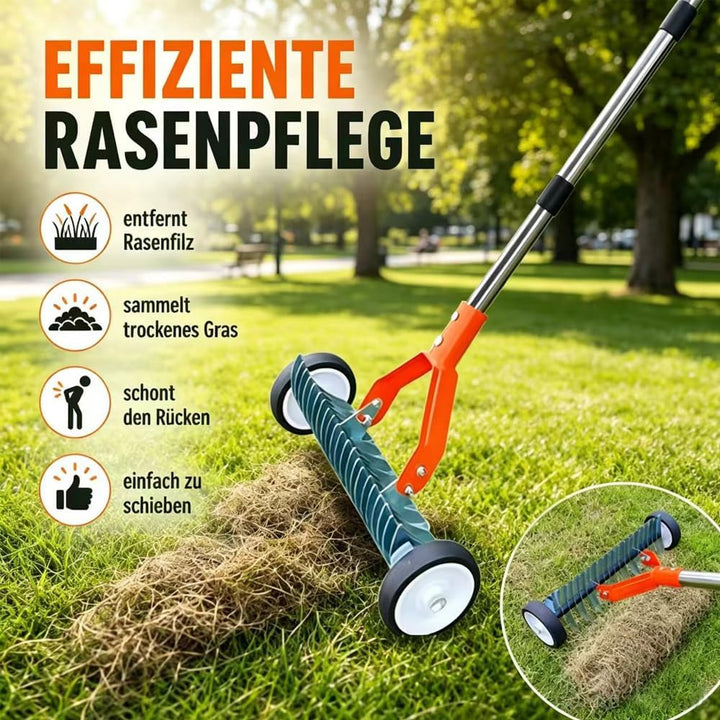 Handvertikutierer mit Rollen, Schneidrechen mit Stiel 165cm, Vertikutierer Rechen Hand mit Gartenabf