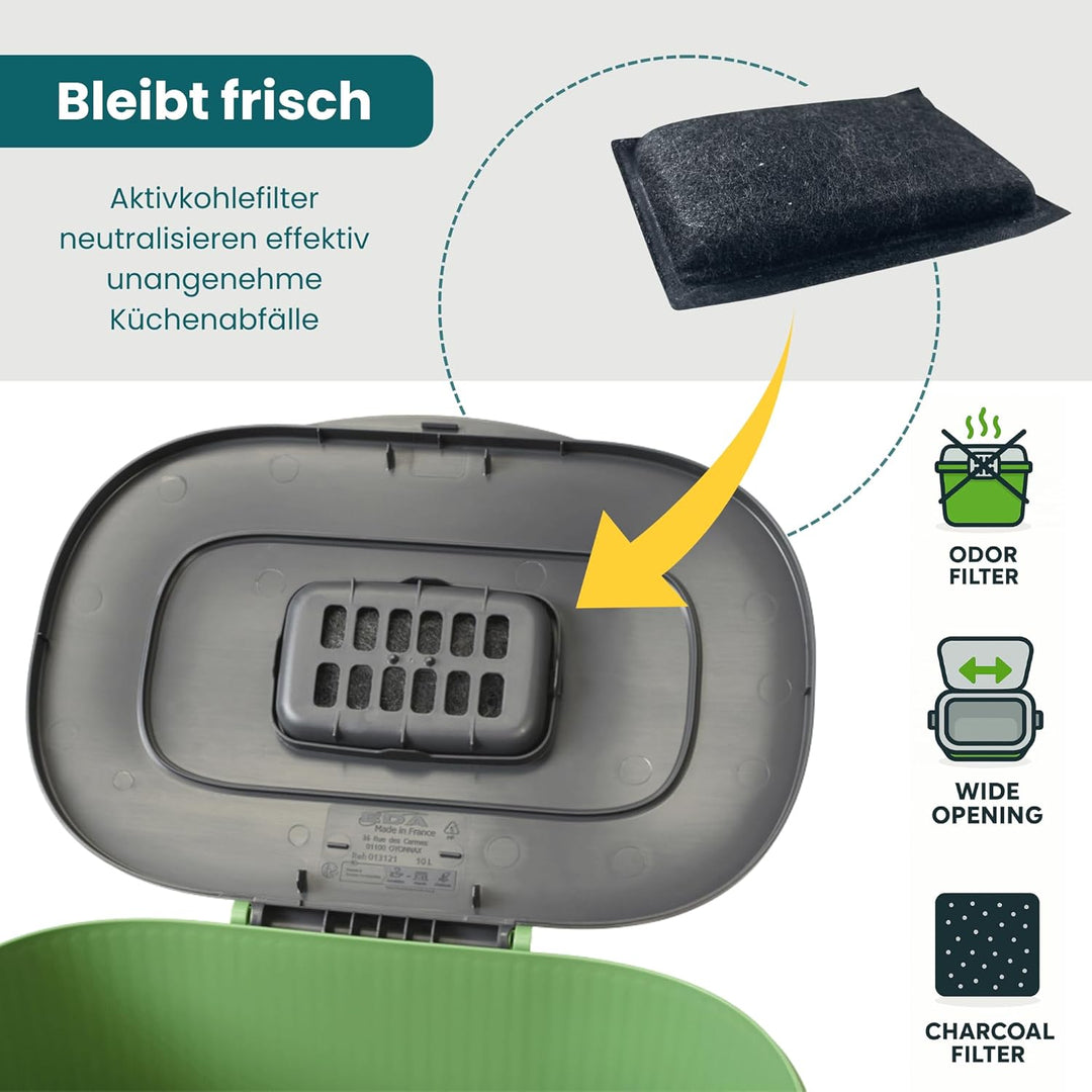 Bio‑Komposteimer 10L mit Deckel, Aktivkohlefilter & Tragegriff – platzsparend & geruchsfrei für Küch