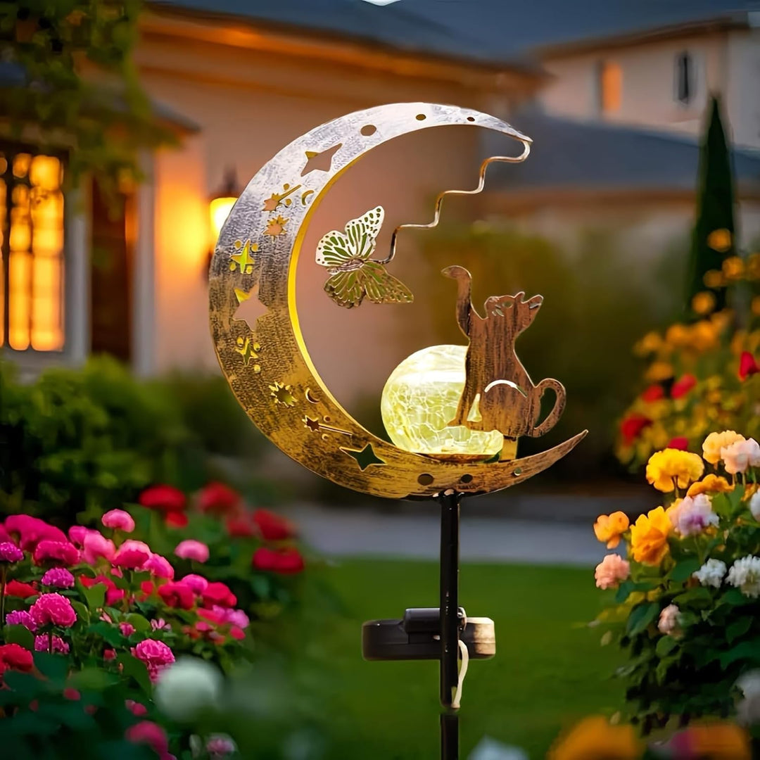 YeahBoom Mond Solarleuchten Garten Deko,Garten mit Katze,Mond Solarleuchten Garte im Freien Solarlam