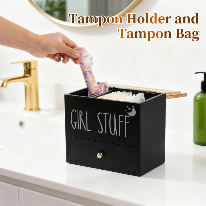 Tampon Aufbewahrungsbox 3 Fächer mit Deckel und Schublade, Badezimmer Organizer Holz Tampon Aufbewah