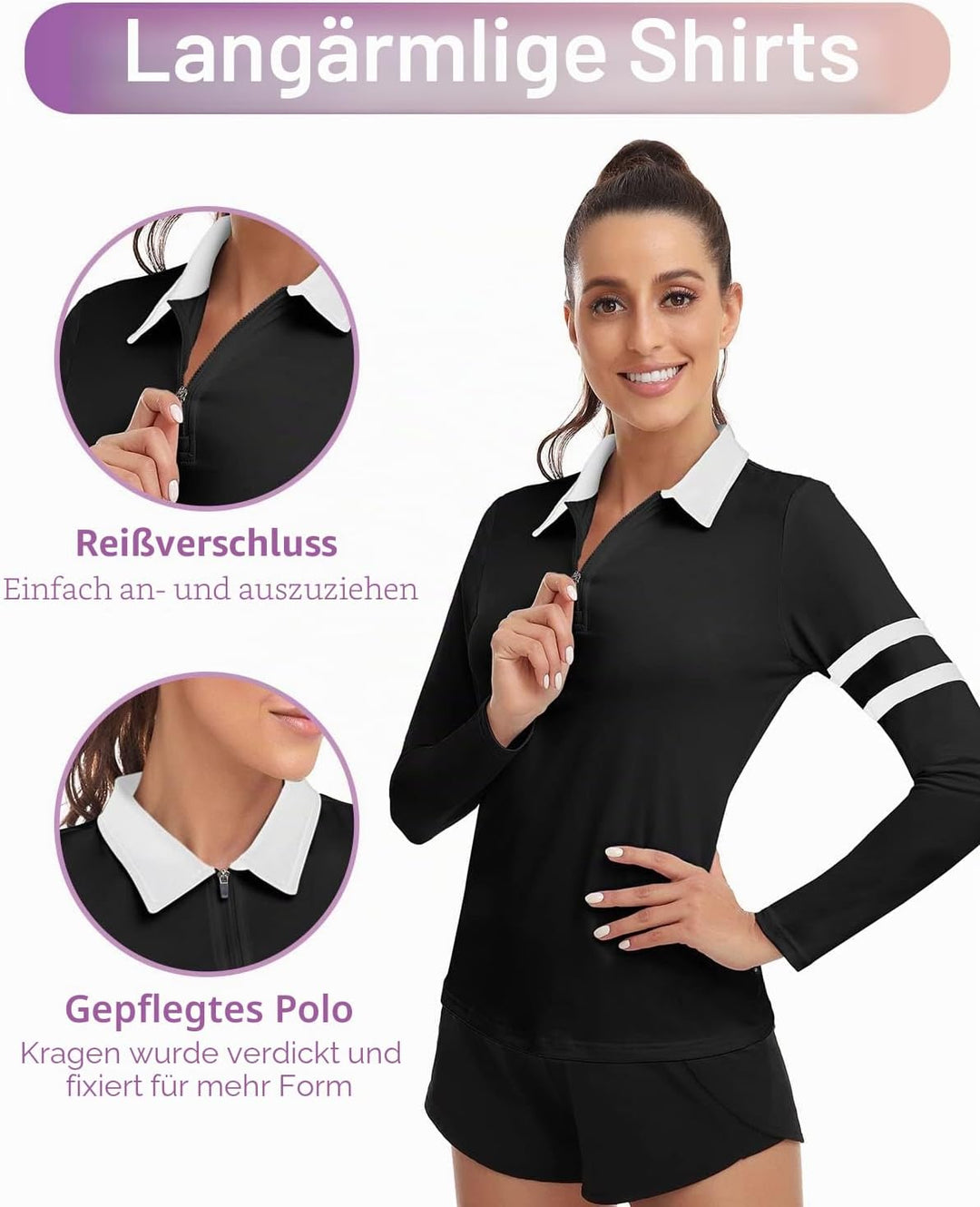Soneven 1/4 Reissverschluss Golf Poloshirt Damen Langarm Polohemd Sport Polo Langarmshirt Damen Spor
