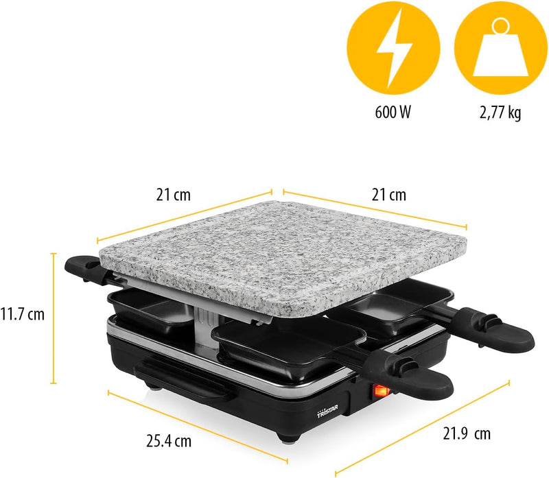 Tristar Raclette RA-2745 – Steingrillplatte – für bis zu 4 Personen – Grillfläche 21 x 21 cm 4 Black