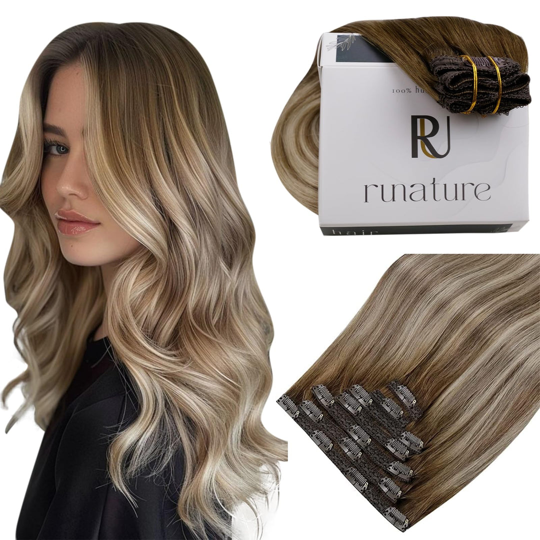 RUNATURE Clip Extensions Echthaar Balayage Braun Blond Glatt Clip in Extensions Echthaar Balayage Br