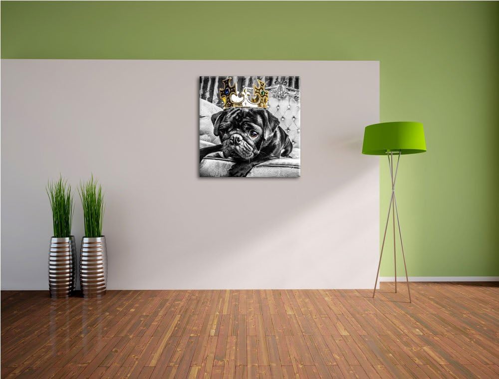 Pixxprint Mops mit Krone auf Thron als Leinwandbild/Grösse: 70x70 cm/Wandbild/Kunstdruck/fertig besp