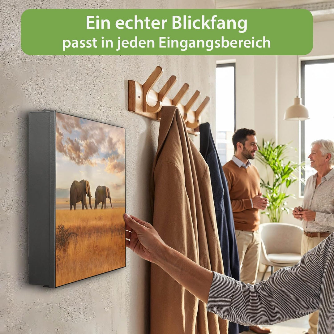 banjado® Grosser Schlüsselkasten Glas/Schlüsselbox 30cm x 30cm mit 50 Haken - Motiv Elefanten/Schlüs