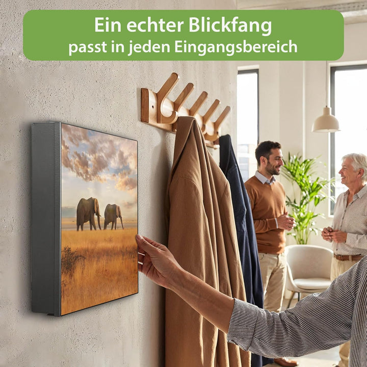 banjado® Grosser Schlüsselkasten Glas/Schlüsselbox 30cm x 30cm mit 50 Haken - Motiv Elefanten/Schlüs
