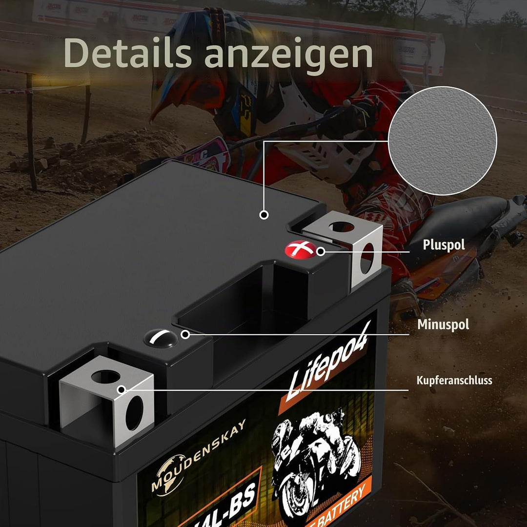 MOUDENSKAY Lithium Motorrad Batterie 12V Lithium Powersports Batterie mit BMS (YTX4L-BS 12.8V 2Ah 20