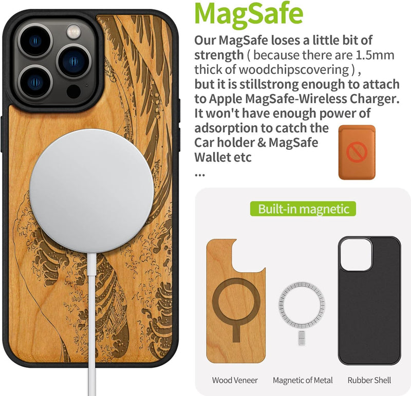 Carveit Handyhülle für iPhone 14 Pro Max Cover Kompatibel mit Magsafe [Holz und TPU Silikon Hybrid h