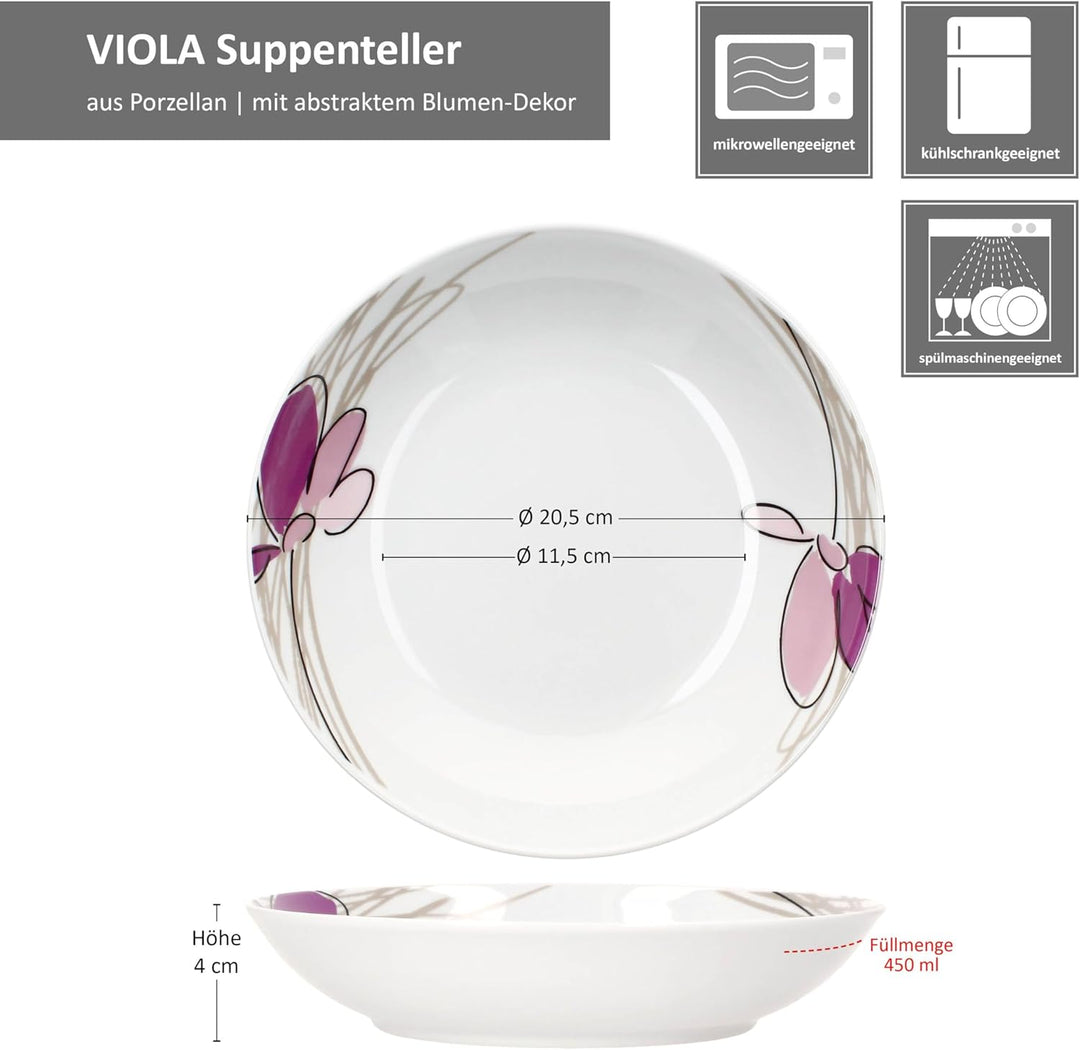 MamboCat Viola 6er Set Suppenteller I 450ml I Porzellan-Geschirr mit Blumen-Dekor für 6 Personen I T
